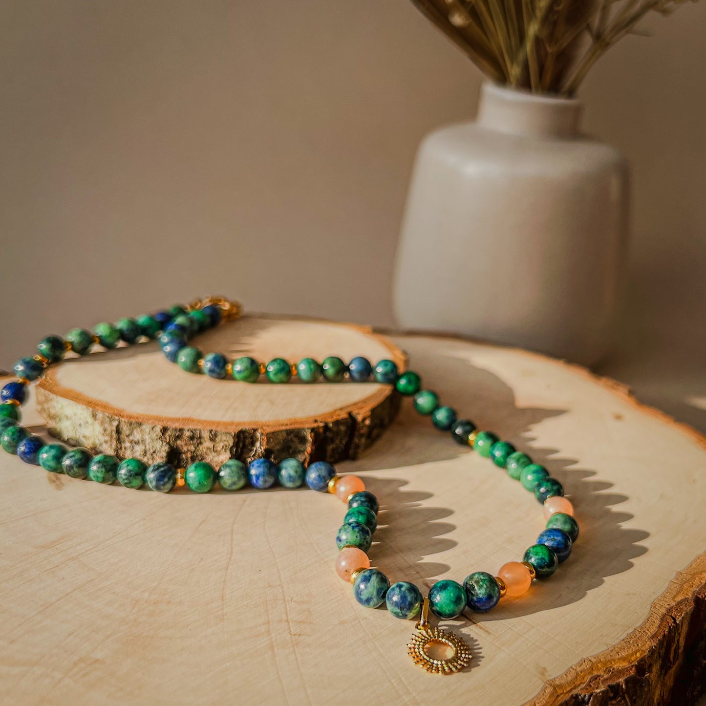 Solaris - Azurite_Peach Moonstone beaded necklace with 17x14 mm sun charm, gold plated