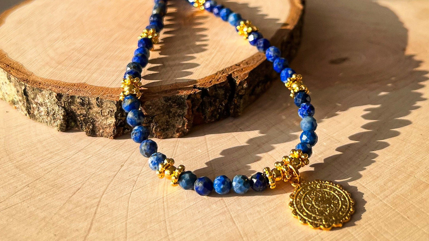Azure - Lapis Lazuli Beaded Necklace with Ethnic round charm 17x14 mm - sun motif - Gold plated