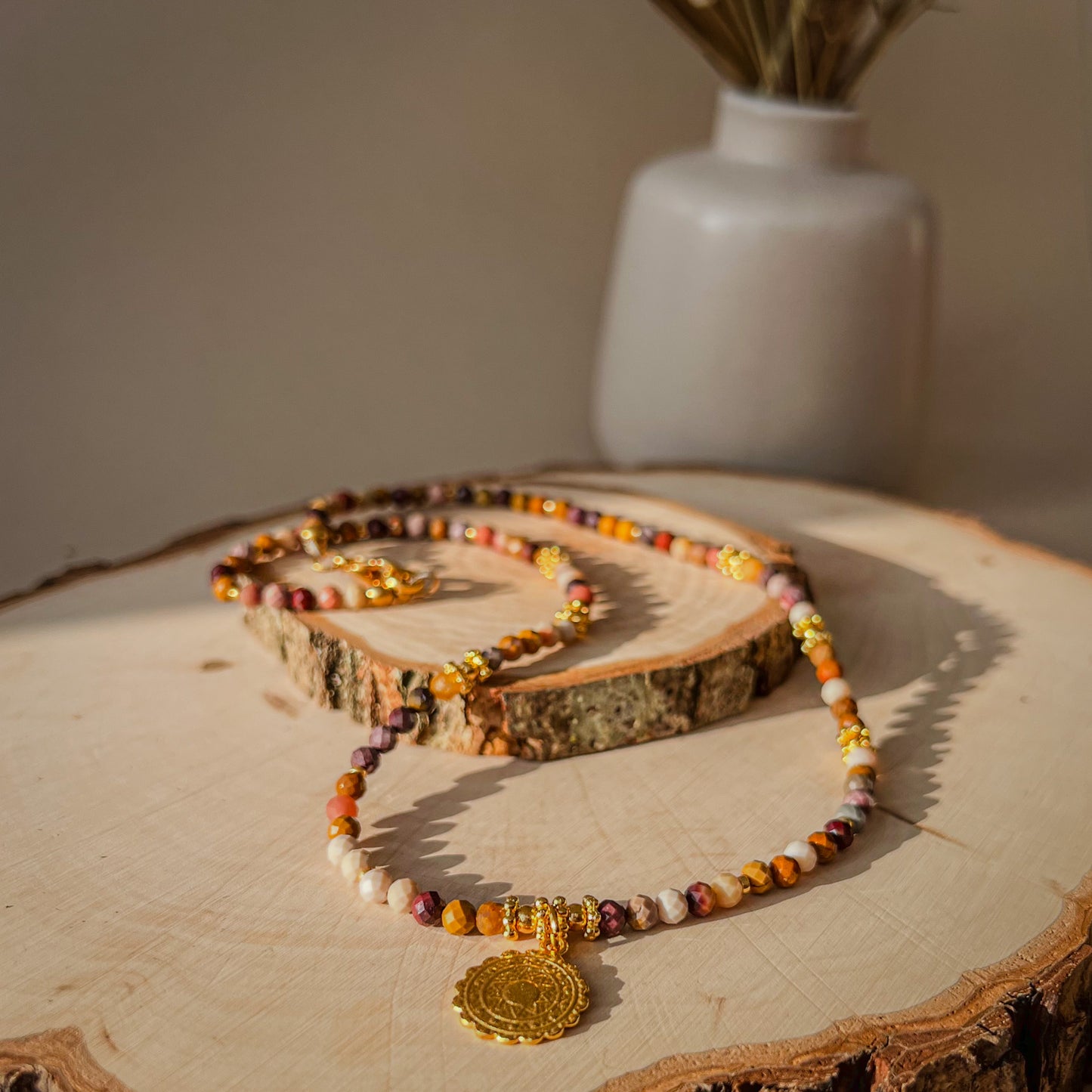 Layla - Jasper Beaded Necklace with Ethnic round charm 17x14 mm - sun motif - Gold plated