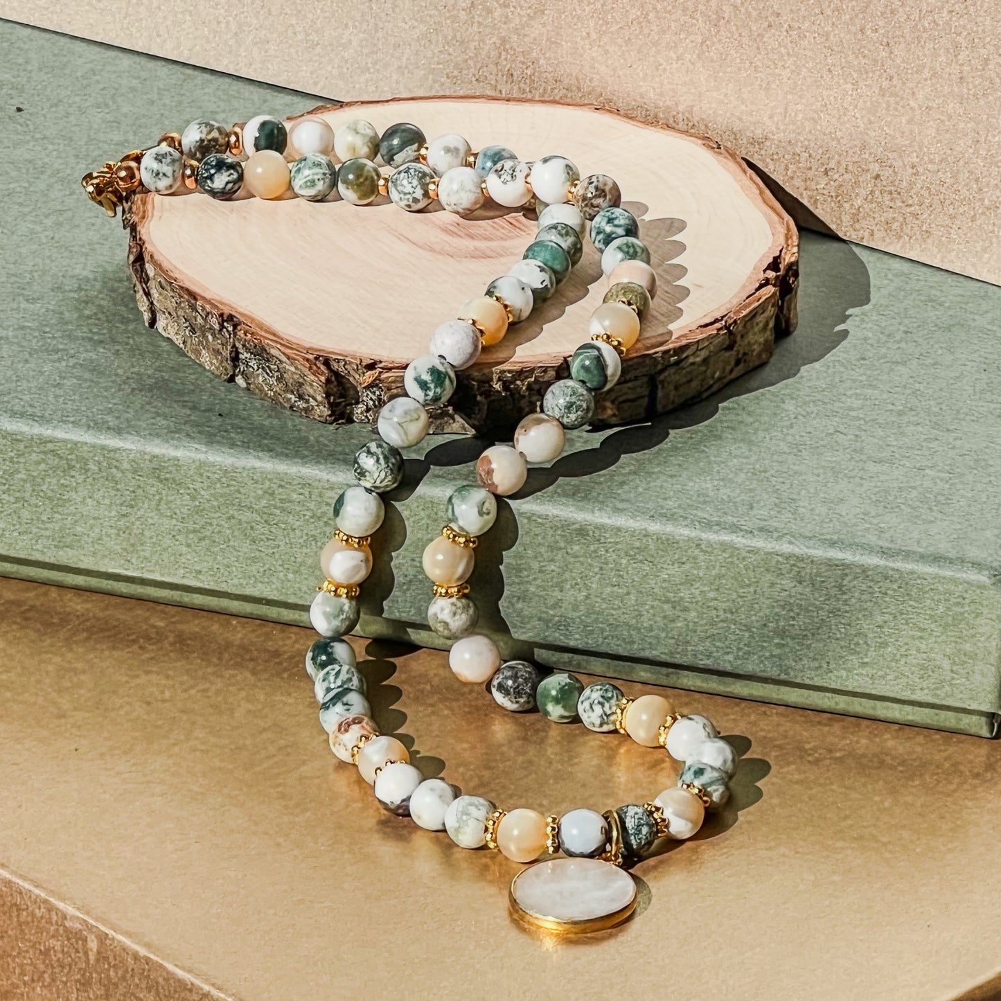 Selene- Tree Agate 6mm Necklace with Moonstone Pendant