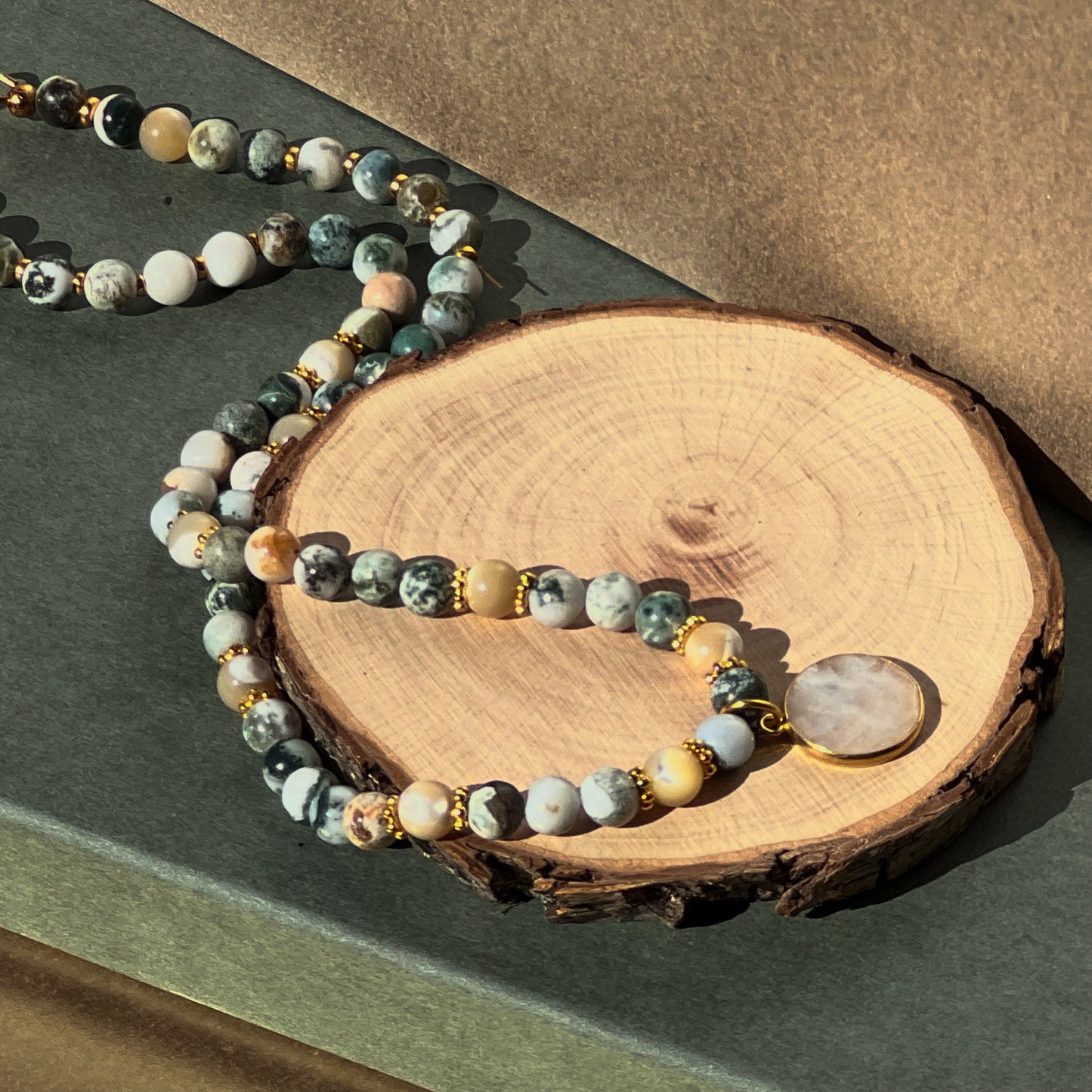 Selene- Tree Agate 6mm Necklace with Moonstone Pendant