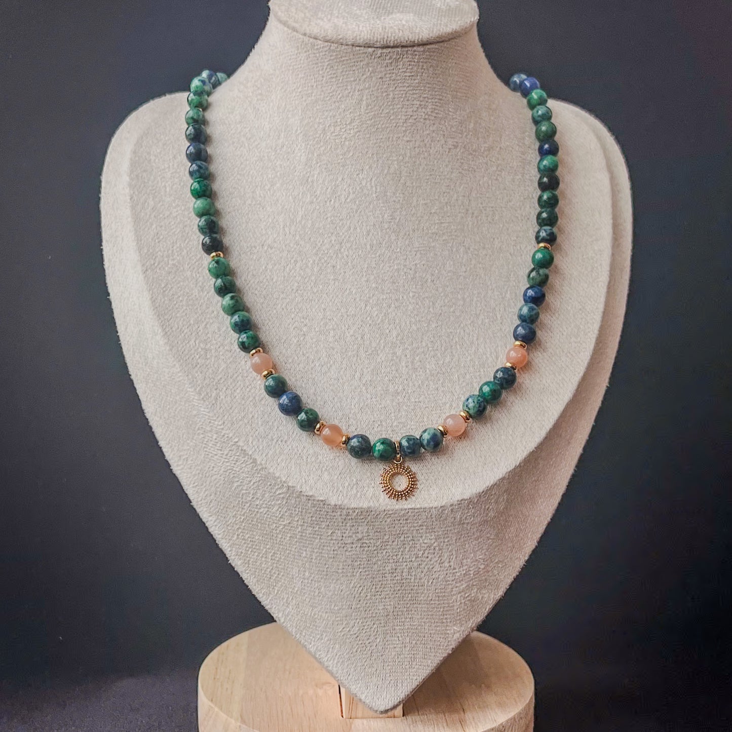 Solaris - Azurite_Peach Moonstone beaded necklace with 17x14 mm sun charm, gold plated