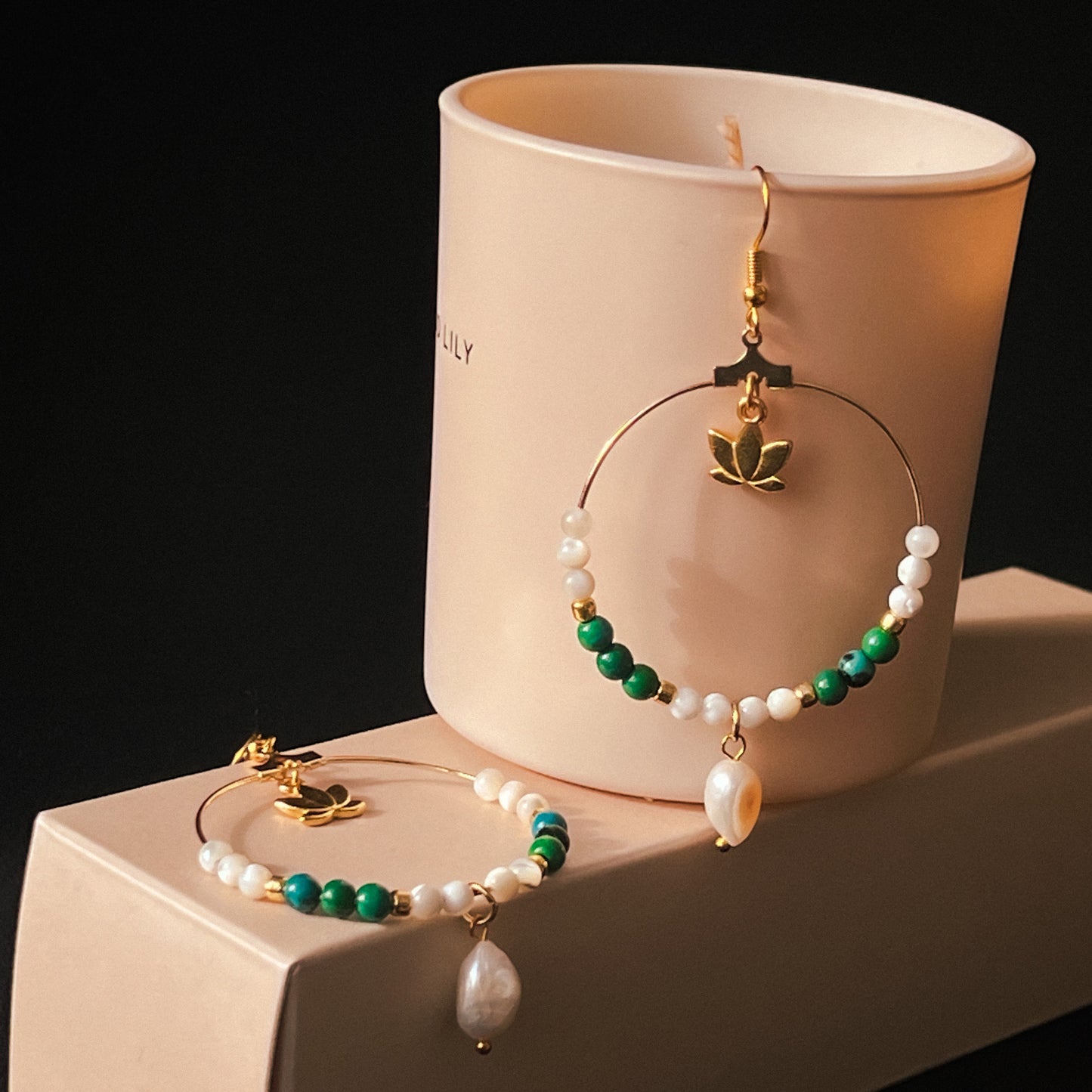 Serene - Elegant Lotus Hoop Earrings with Green and White Beads