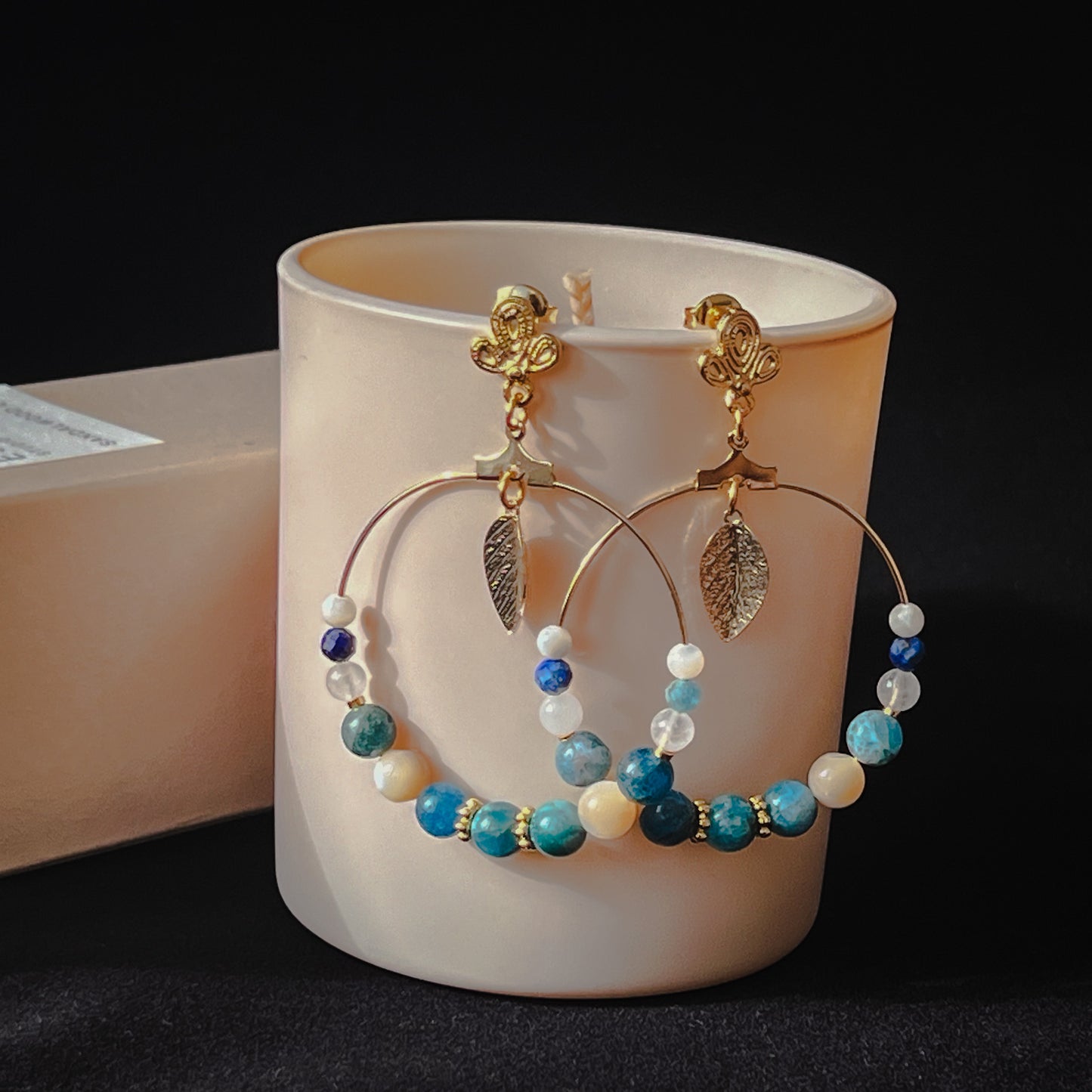 Oceana - Handmade Hoop Earrings with Ocean-Inspired Beads and Leaf Charm