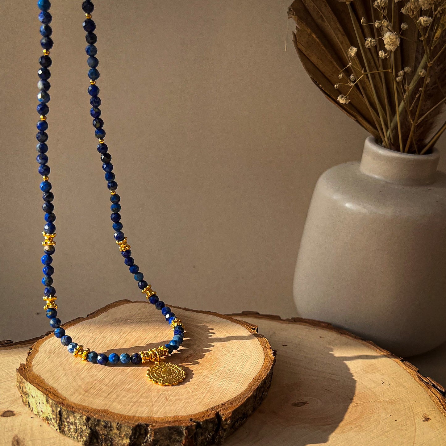 Azure - Lapis Lazuli Beaded Necklace with Gold Medallion Pendant