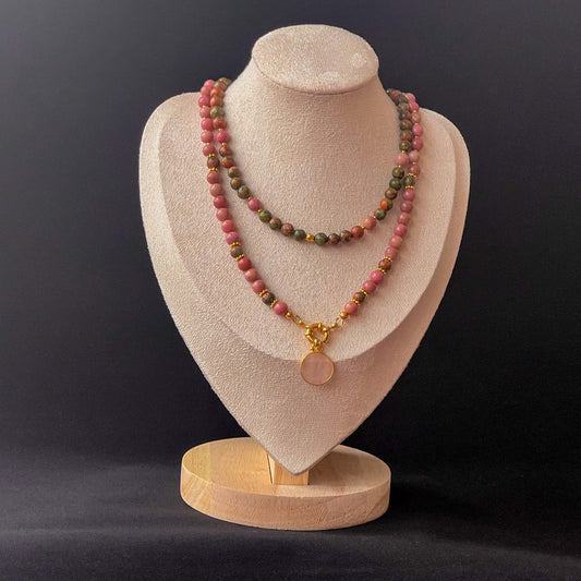 Ziba - Double Strand Rhodonite and Unakite Necklace with Rose Quartz Pendant